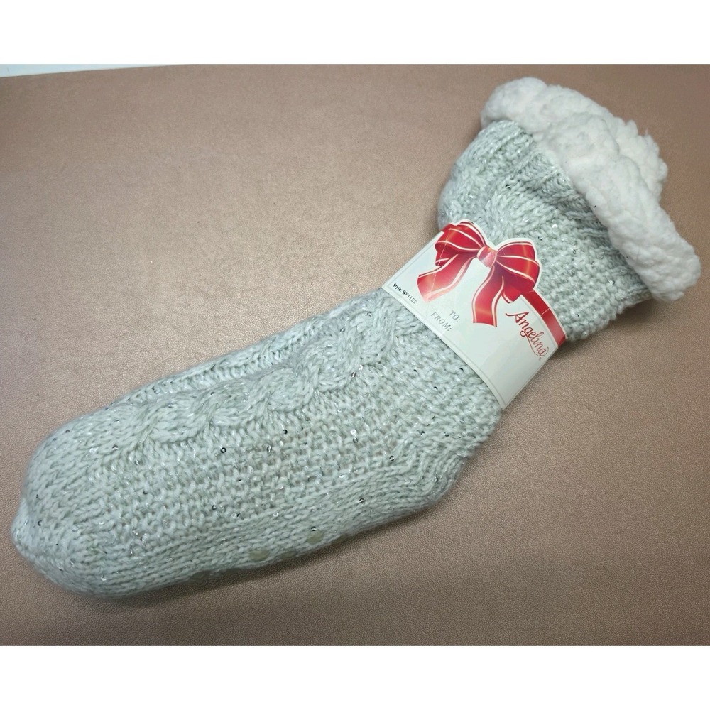 Angelina Womens Sherpa Lined Slipper Socks Cable Knit Sequin Non Slip Gray NOS